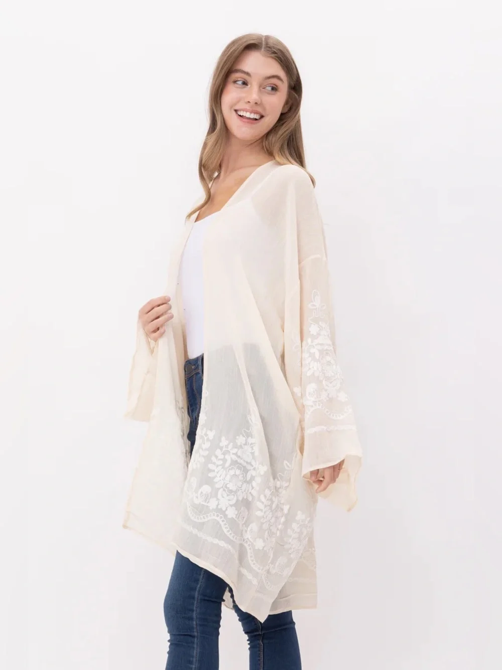 Raj Imports Mimi Floral Cream White Embroidered Kimono Beach Cover Up One Size